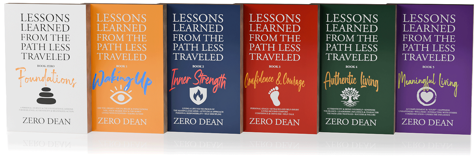 The six covers of the new Lessons Learned From The Path Less Traveled series, Book Zero through Book 5